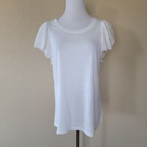 NWT Rebecca Taylor Livy Eyelet-Sleeve Jersey Top In Milk, Size XL